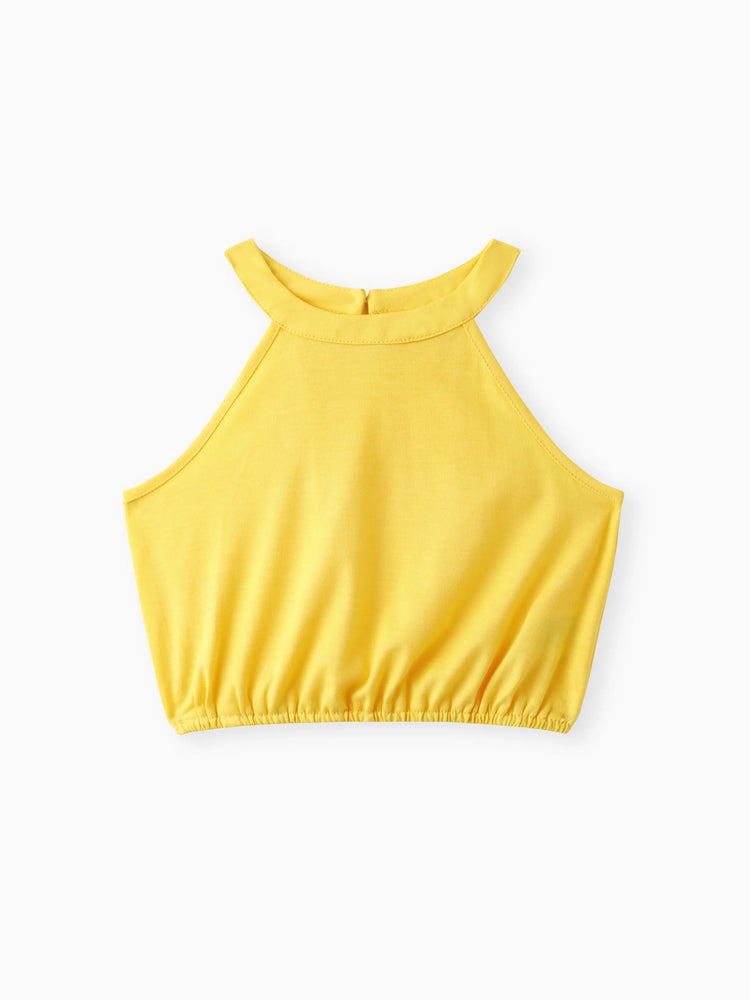 Conjunto de 2 piezas de camisola amarilla con cuello halter y pantalones cortos exóticos con diseño de lazo para niña, color jengibre 2