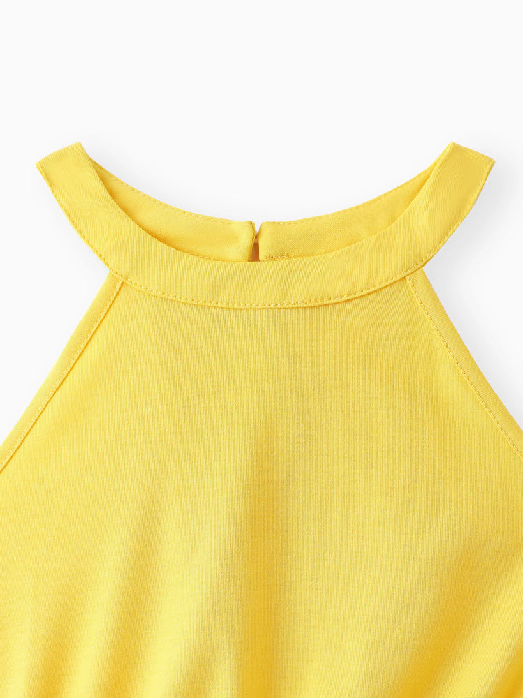 Conjunto de 2 piezas de camisola amarilla con cuello halter y pantalones cortos exóticos con diseño de lazo para niña, color jengibre 2