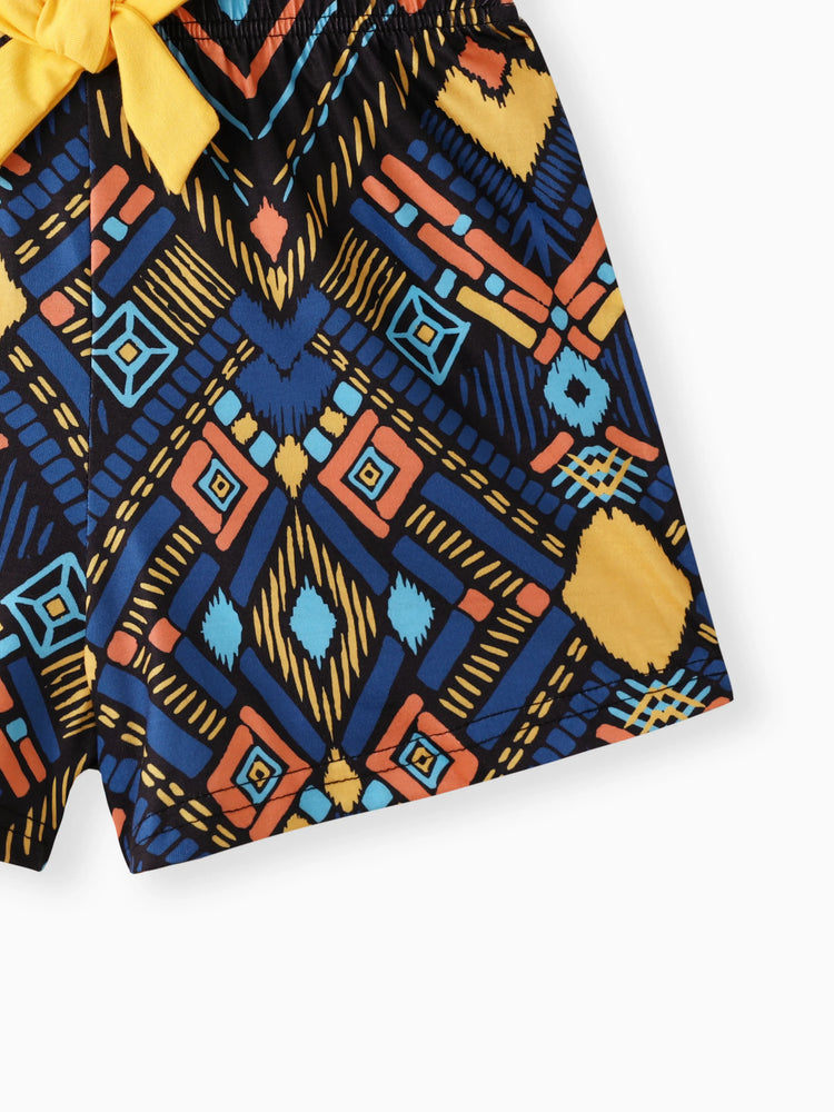 Conjunto de 2 piezas de camisola amarilla con cuello halter y pantalones cortos exóticos con diseño de lazo para niña, color jengibre 2