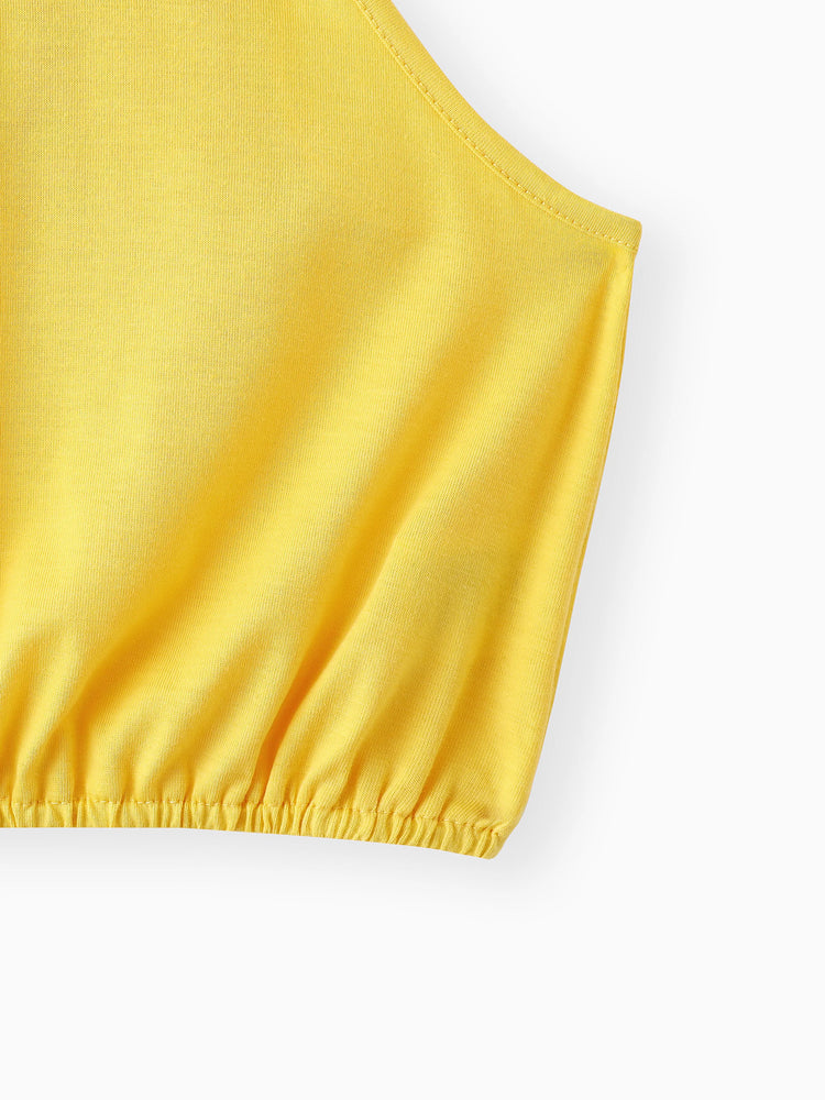 Conjunto de 2 piezas de camisola amarilla con cuello halter y pantalones cortos exóticos con diseño de lazo para niña, color jengibre 2