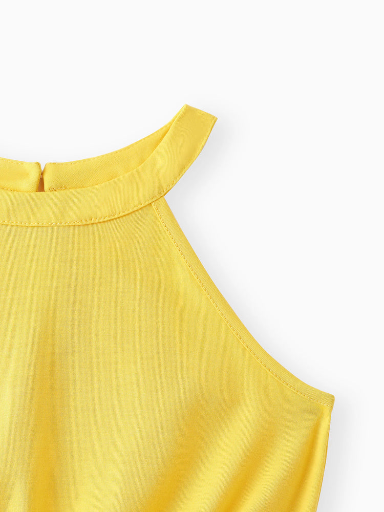 Conjunto de 2 piezas de camisola amarilla con cuello halter y pantalones cortos exóticos con diseño de lazo para niña, color jengibre 2