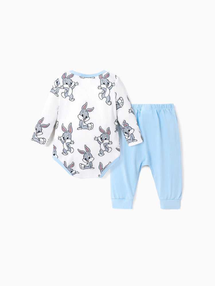 Looney Tunes Baby Boy/Girl Character Print Long-sleeve Bodysuit and Pant Sets Light Blue