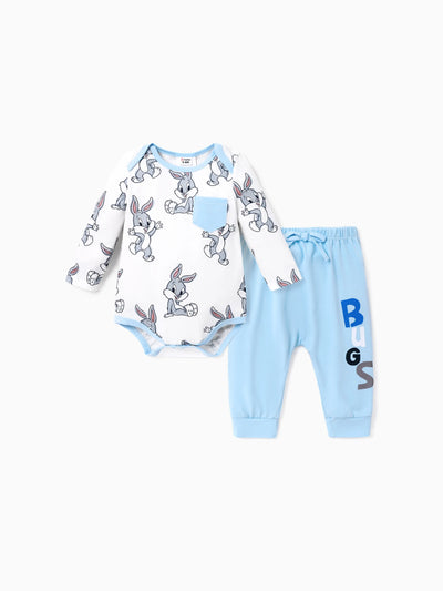 Looney Tunes Baby Boy/Girl Character Print Long-sleeve Bodysuit and Pant Sets Light Blue