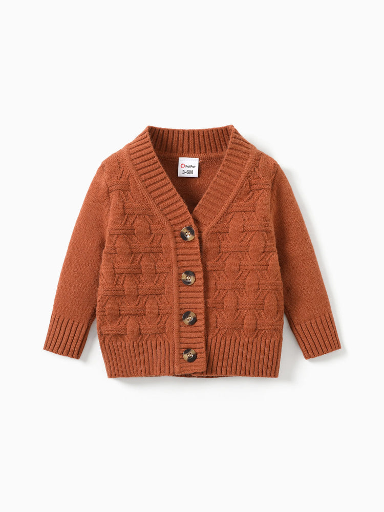 Pull boutonné basique de couleur unie marron pour bébé/jeune fille/garçon