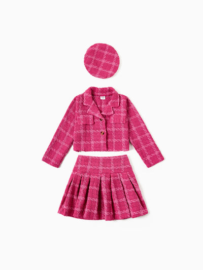 3pcsToddler Girl's Solid Color Classic Grid Houndstooth Suit Dress Set with Hat Hot Pink