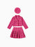 3pcsToddler Girl's Solid Color Classic Grid Houndstooth Suit Dress Set with Hat Hot Pink