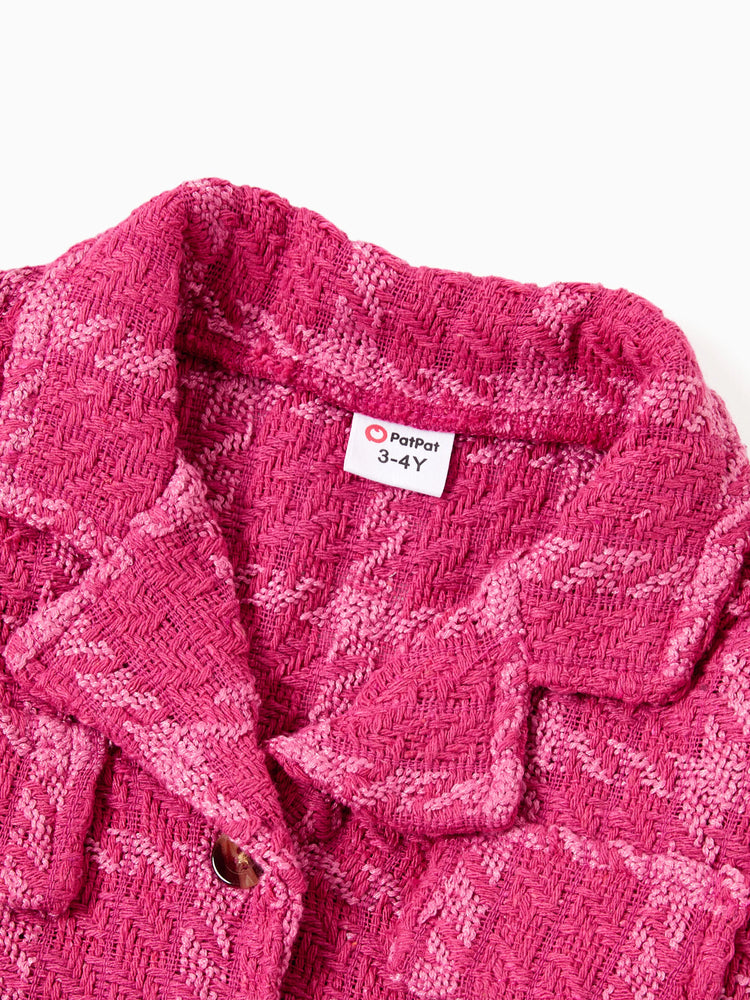 3pcsToddler Girl's Solid Color Classic Grid Houndstooth Suit Dress Set with Hat Hot Pink