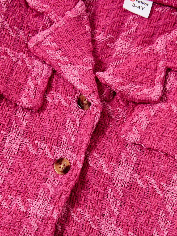 3pcsToddler Girl's Solid Color Classic Grid Houndstooth Suit Dress Set with Hat Hot Pink