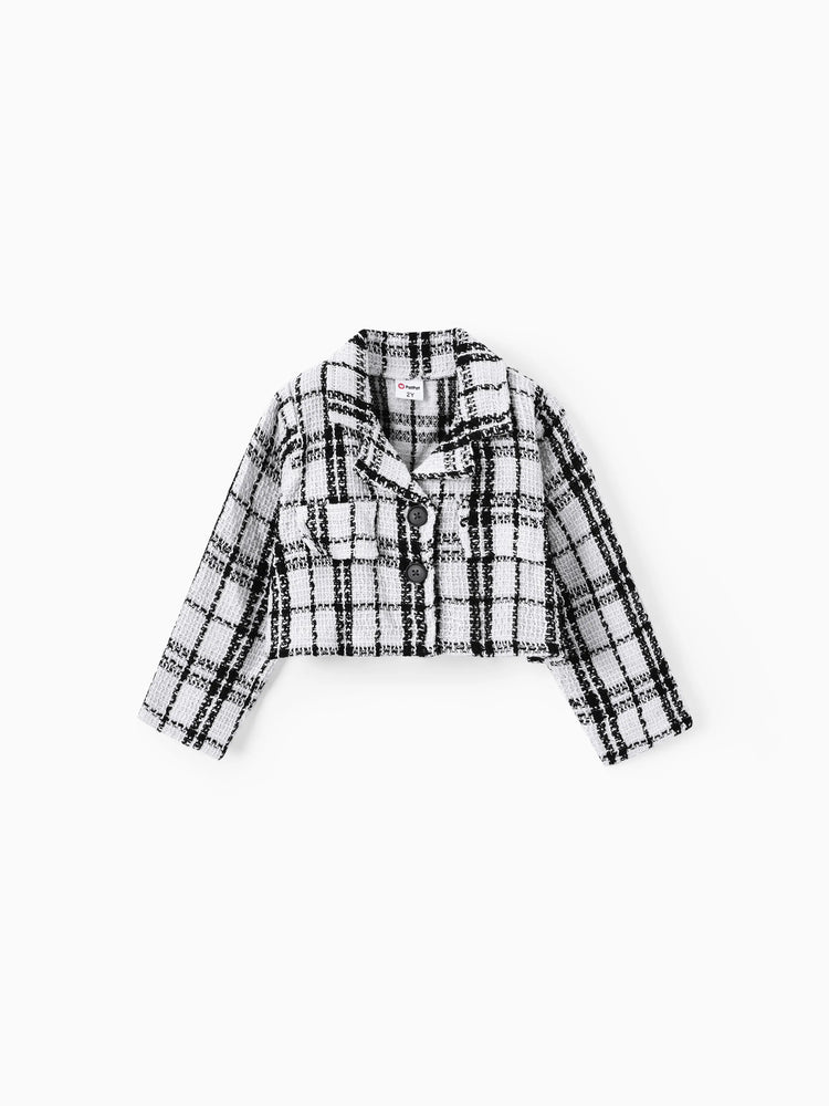 Conjunto de 3 piezas de traje y vestido para niña pequeña, de color liso, con estampado clásico de pata de gallo y sombrero, en blanco y negro.