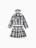3pcsToddler Girl's Solid Color Classic Grid Houndstooth Suit Dress Set with Hat BlackandWhite