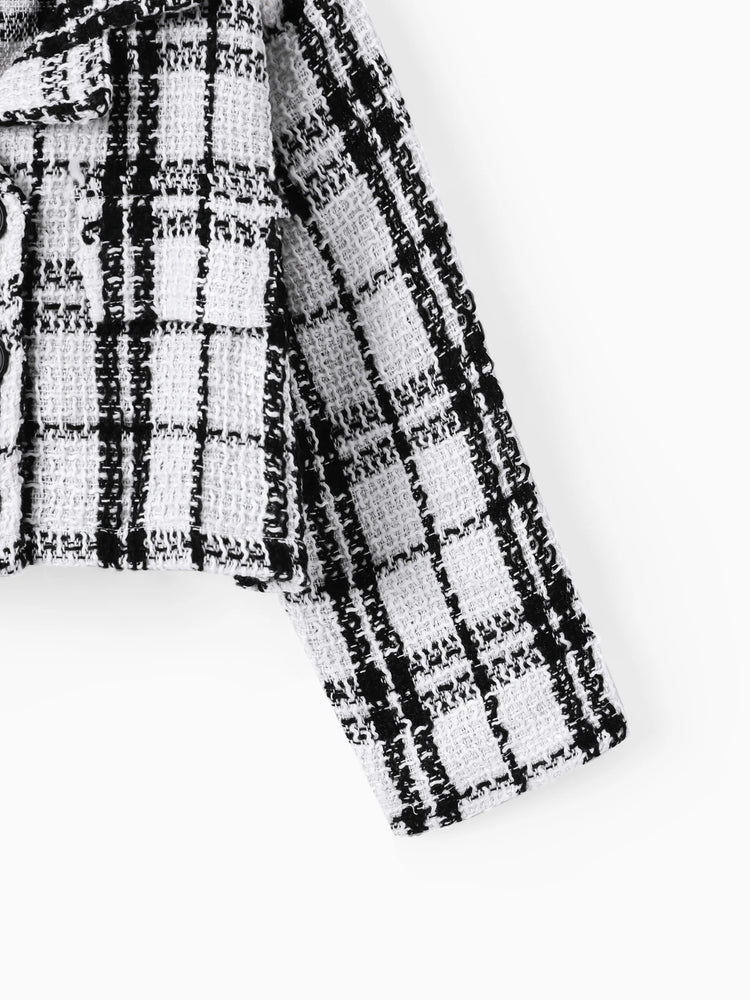 Conjunto de 3 piezas de traje y vestido para niña pequeña, de color liso, con estampado clásico de pata de gallo y sombrero, en blanco y negro.