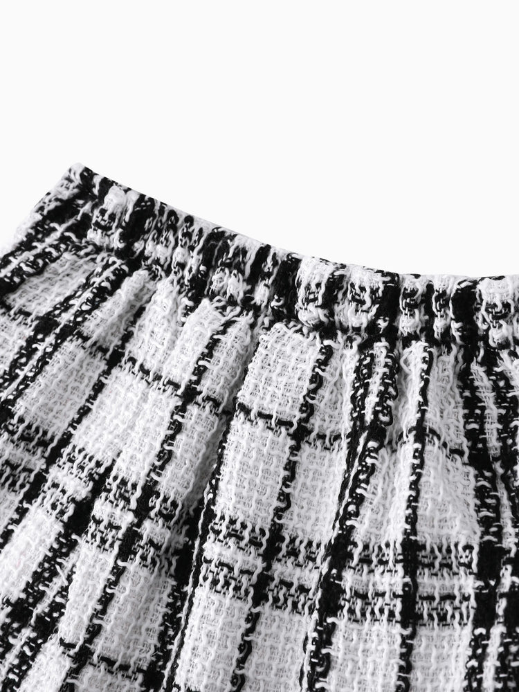 Conjunto de 3 piezas de traje y vestido para niña pequeña, de color liso, con estampado clásico de pata de gallo y sombrero, en blanco y negro.