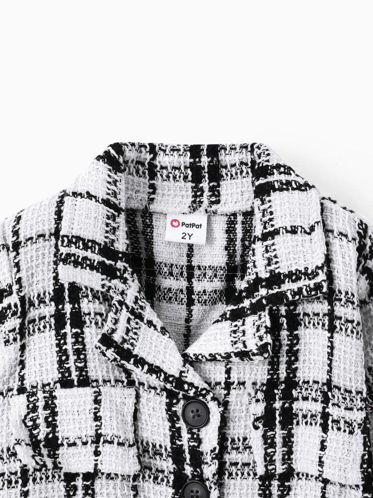 Conjunto de 3 piezas de traje y vestido para niña pequeña, de color liso, con estampado clásico de pata de gallo y sombrero, en blanco y negro.