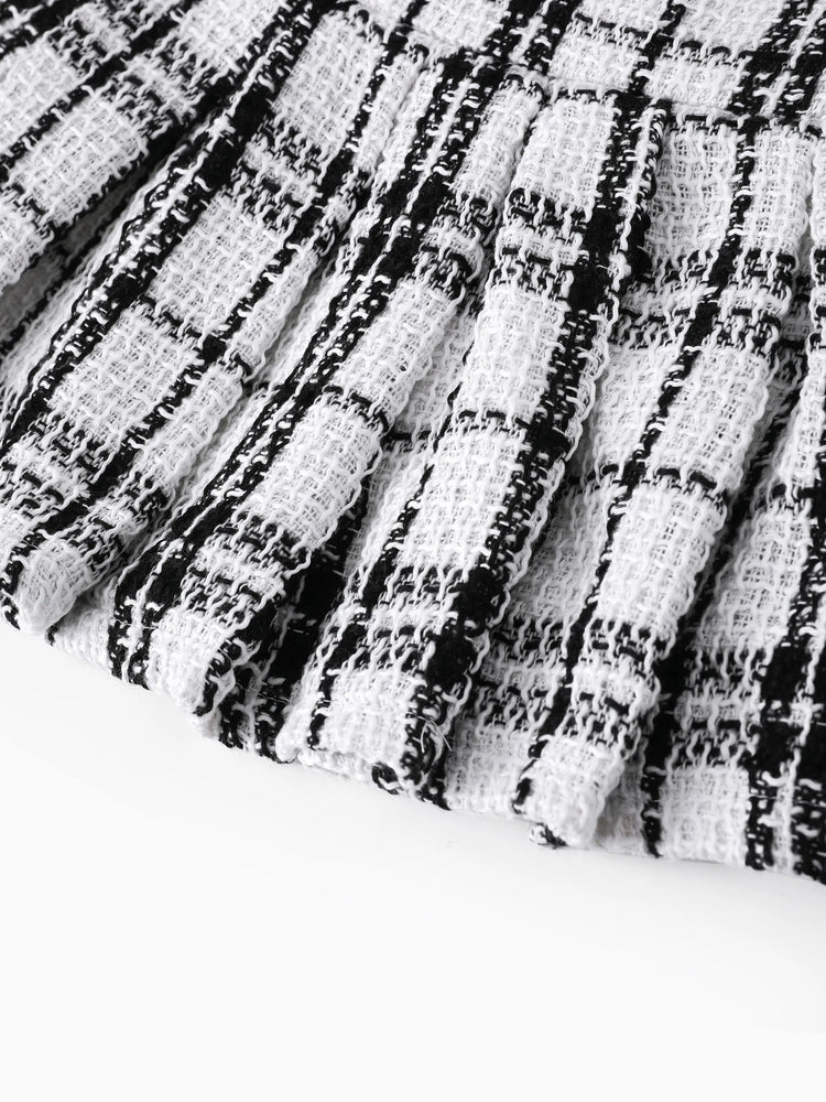 Conjunto de 3 piezas de traje y vestido para niña pequeña, de color liso, con estampado clásico de pata de gallo y sombrero, en blanco y negro.