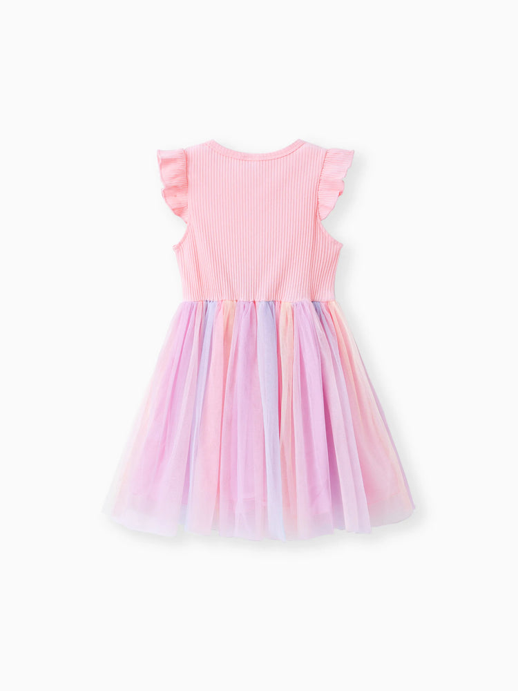 Robe de princesse à manches flottantes et motif cœur arc-en-ciel en maille rose pour fille