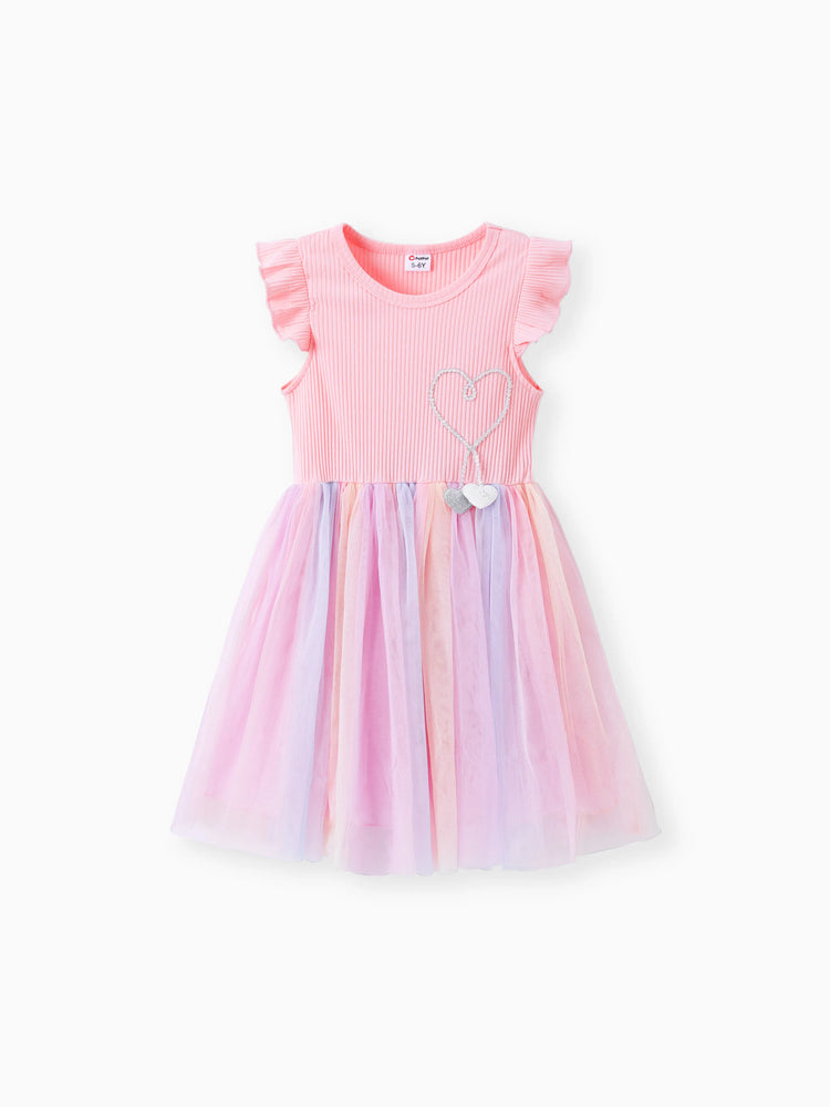 Robe de princesse à manches flottantes et motif cœur arc-en-ciel en maille rose pour fille