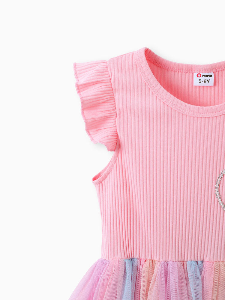 Robe de princesse à manches flottantes et motif cœur arc-en-ciel en maille rose pour fille