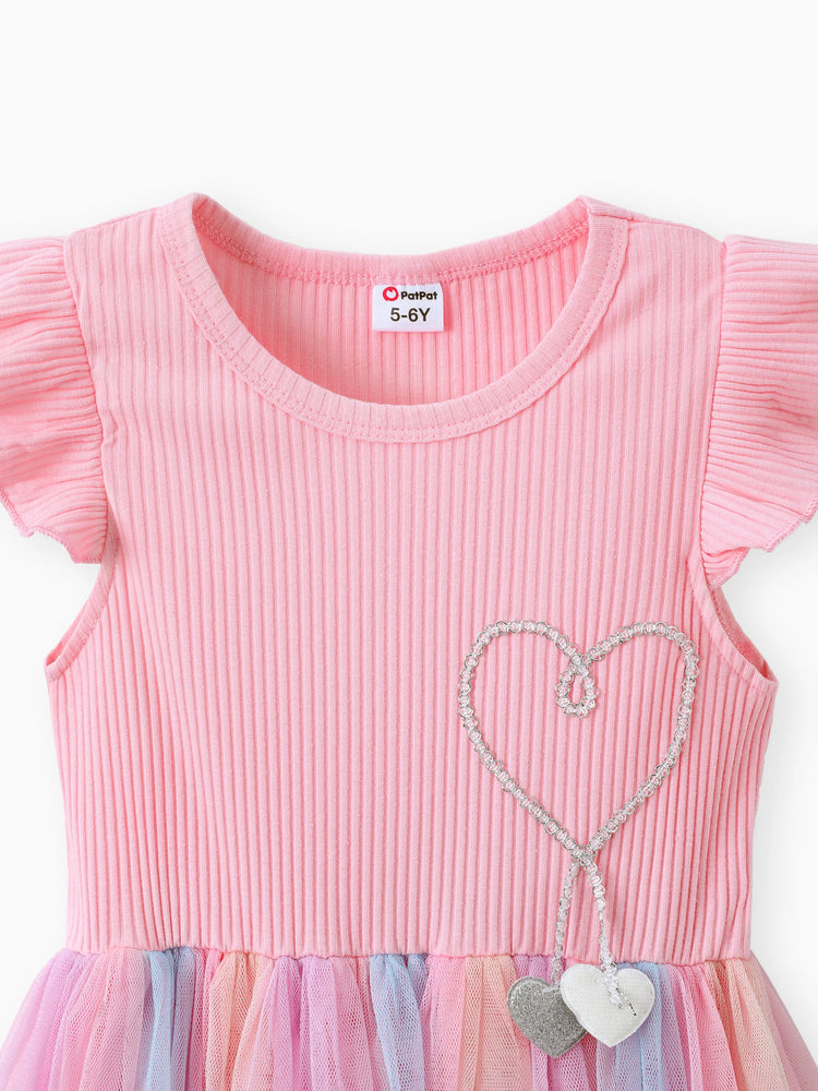 Robe de princesse à manches flottantes et motif cœur arc-en-ciel en maille rose pour fille