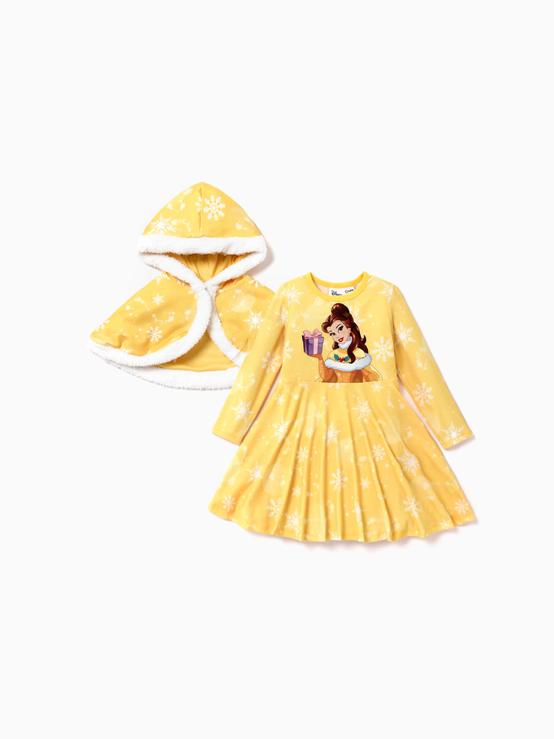 Disney Princess Toddler Girl Naia™ Belle Print Dress and Hooded Allover Snowflake Print Cloak Set Yellow