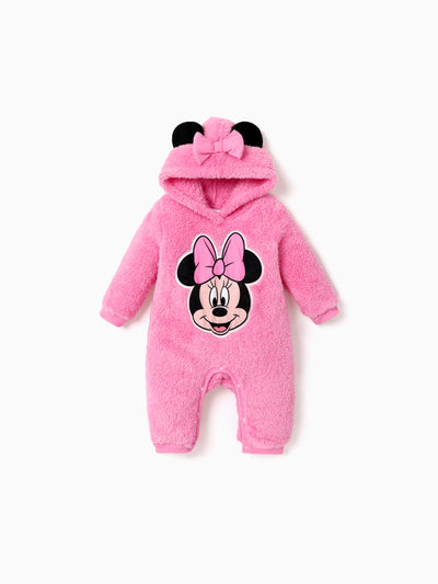Barboteuse à capuche Disney Mickey et ses amis pour bébé fille, motif Minnie en fourrure, oreilles 3D, rose