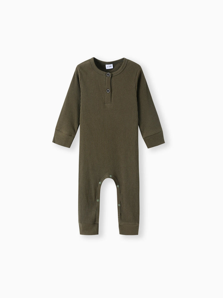 Baby Boy/Girl Cotton Ribbed Button Up Jumpsuit Army green