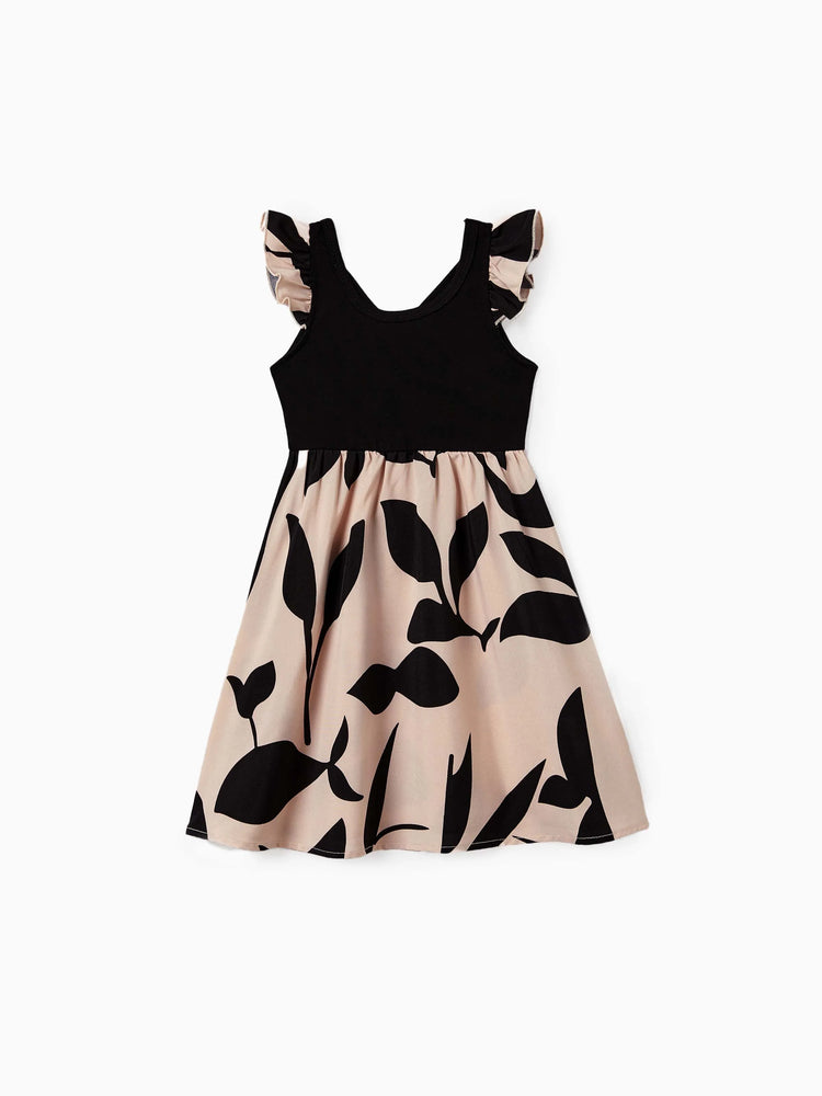 Daddy & Daughter Cross Back Floral Strap Dress and Colorblock Top Sets Black