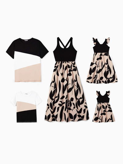 Ensembles assortis pour toute la famille : robe à bretelles florales croisées dans le dos et haut colorblock noir