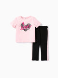 2-teiliges T-Shirt mit Buchstaben-Herz-Aufdruck in Rosa für Kinder und Mädchen im Set mit Capri-Hosen in Farbblock-Optik rosa
