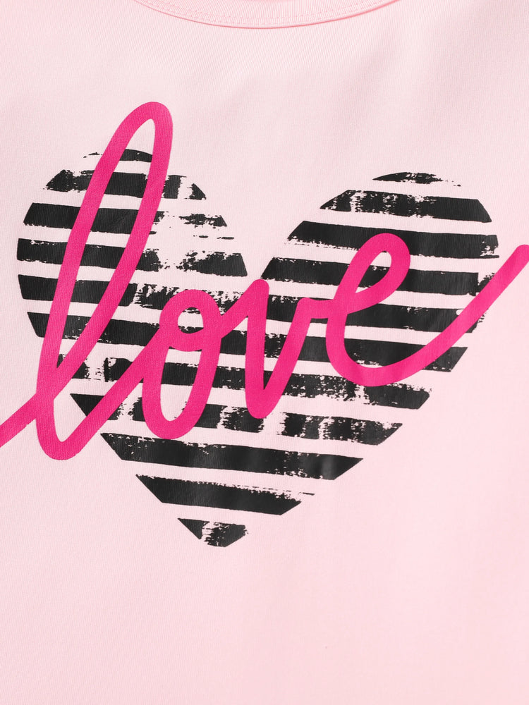 2-teiliges T-Shirt mit Buchstaben-Herz-Aufdruck in Rosa für Kinder und Mädchen im Set mit Capri-Hosen in Farbblock-Optik rosa