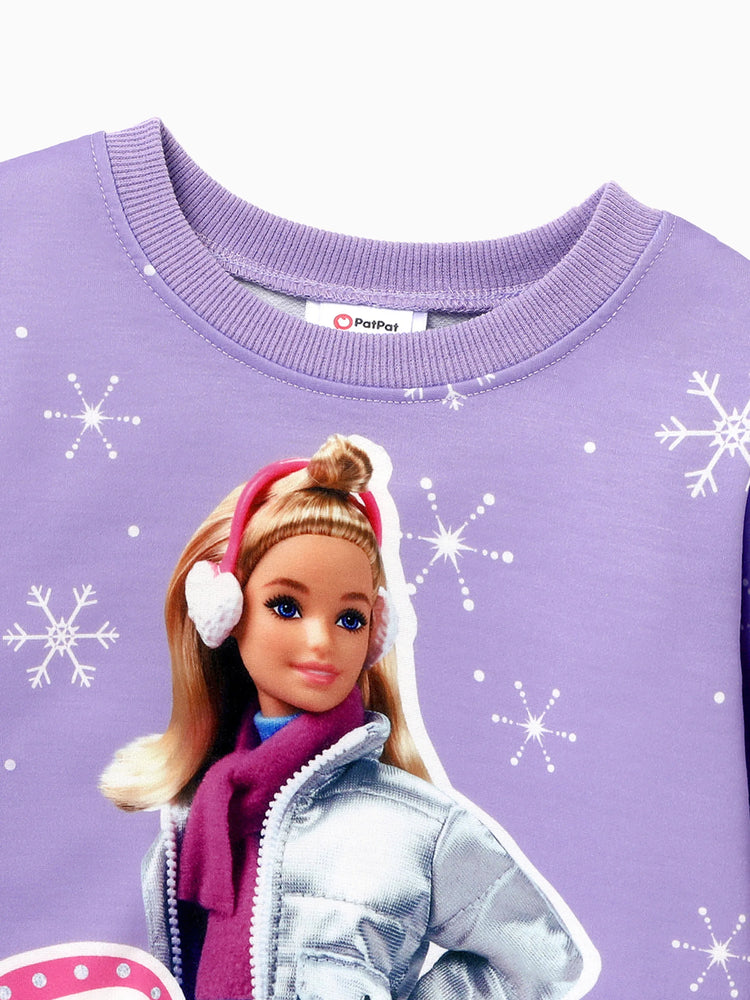 Sweat-shirt à manches longues imprimé flocon de neige et personnage Barbie pour petite fille, violet