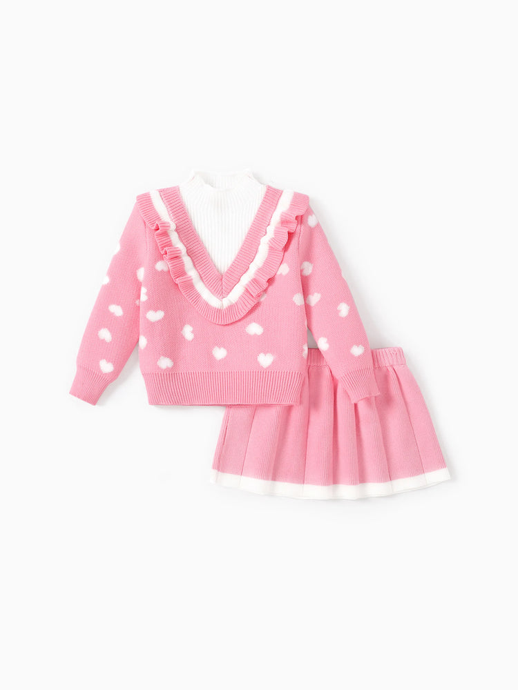 Toddler Girl 2pcs Heart Print Sweater Skirt Set Pink