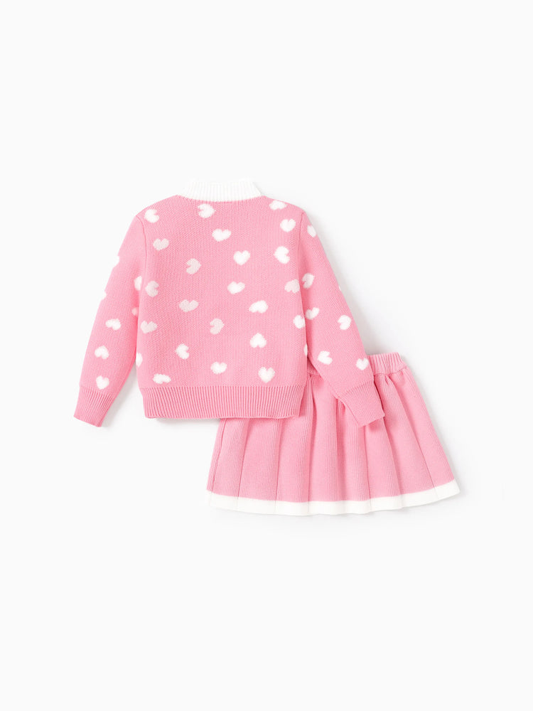 Toddler Girl 2pcs Heart Print Sweater Skirt Set Pink