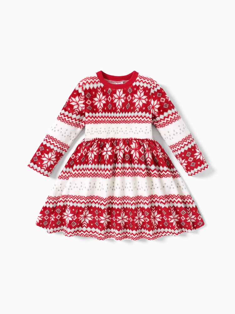 Christmas Toddler Girl Fleece-lining Snowflake Print Dress Red