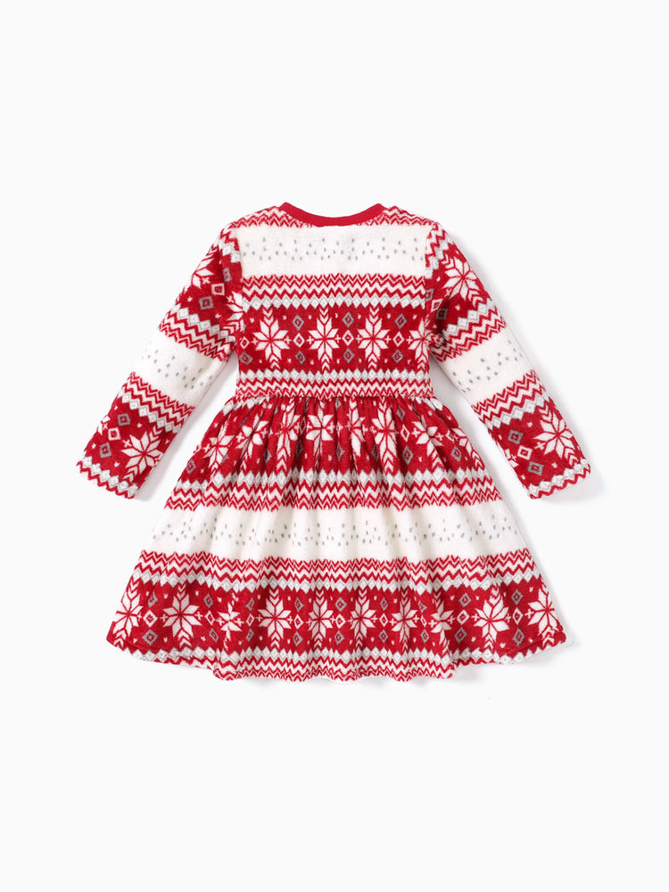 Christmas Toddler Girl Fleece-lining Snowflake Print Dress Red