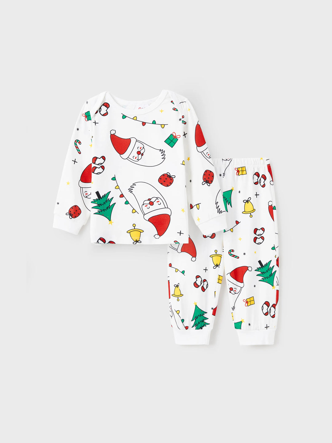 Conjunto de pijama de manga larga con estampado navideño familiar, colorido y festivo, con calcetines navideños blancos