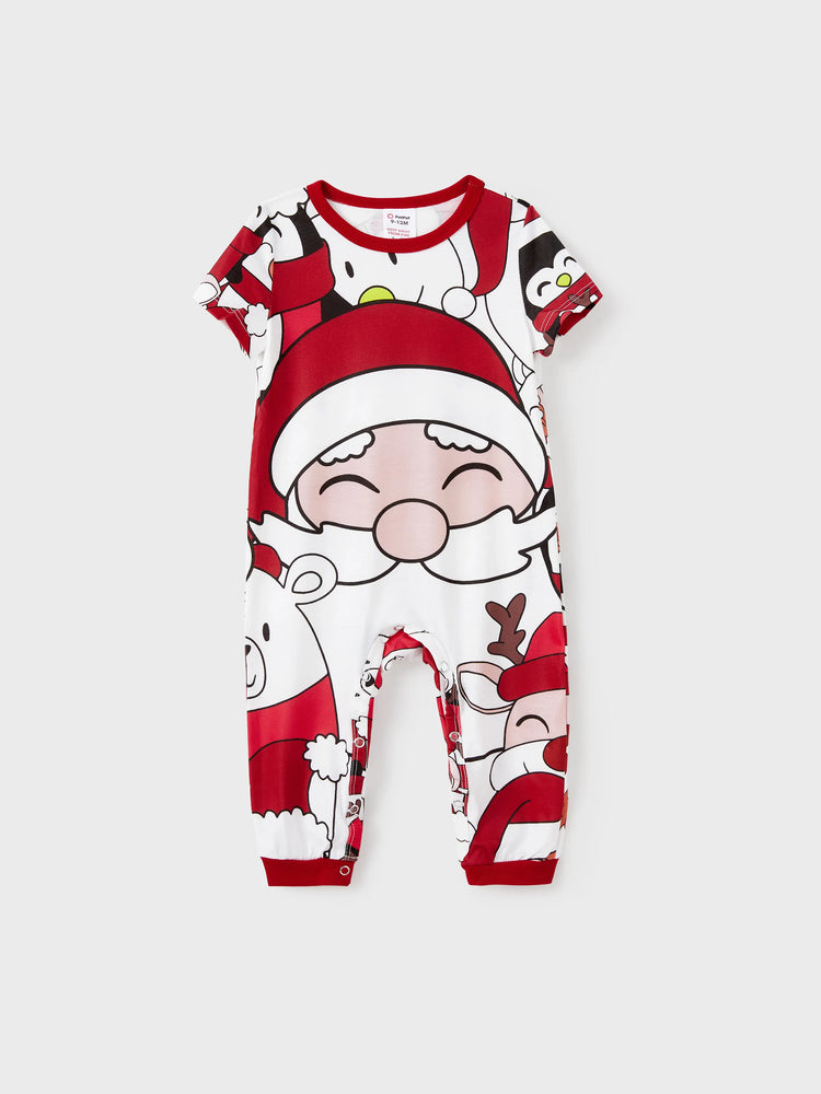 Ensemble pyjama assorti pour toute la famille, imprimé Père Noël et bonhomme de neige, haut à manches courtes et short, blanc