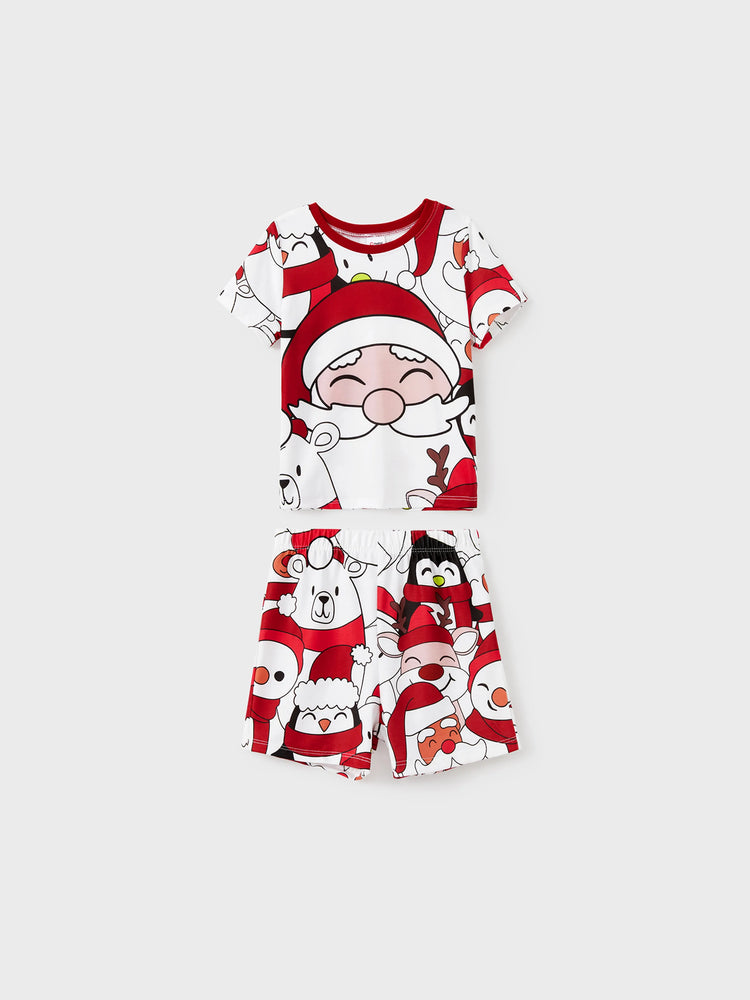 Ensemble pyjama assorti pour toute la famille, imprimé Père Noël et bonhomme de neige, haut à manches courtes et short, blanc
