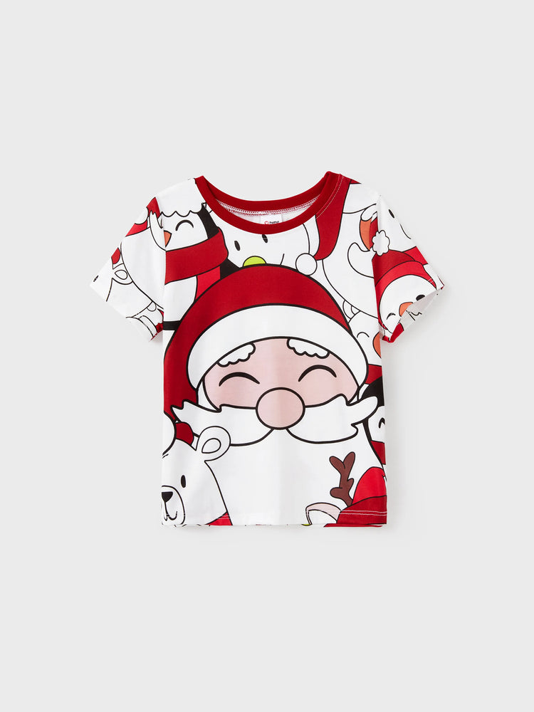Ensemble pyjama assorti pour toute la famille, imprimé Père Noël et bonhomme de neige, haut à manches courtes et short, blanc