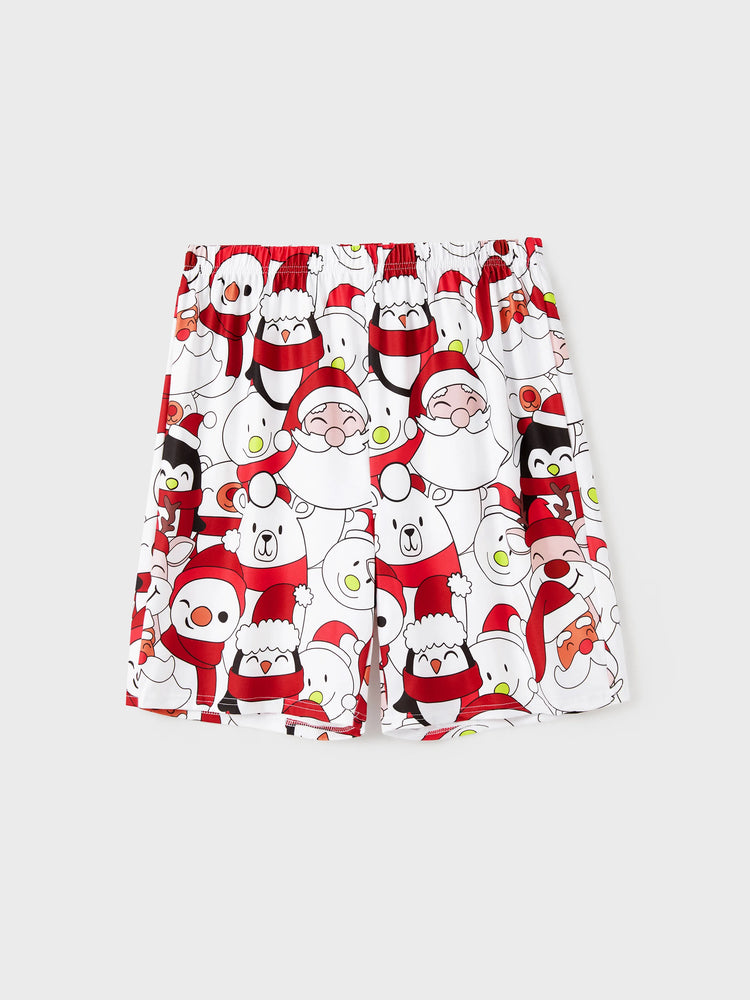 Ensemble pyjama assorti pour toute la famille, imprimé Père Noël et bonhomme de neige, haut à manches courtes et short, blanc