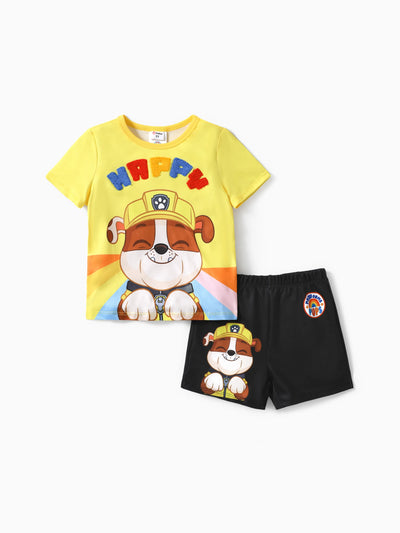 PAW Patrol Toddler Boy Rubble 2pcs Rainbow Print T-shirt with Shorts Sporty Set Yellow