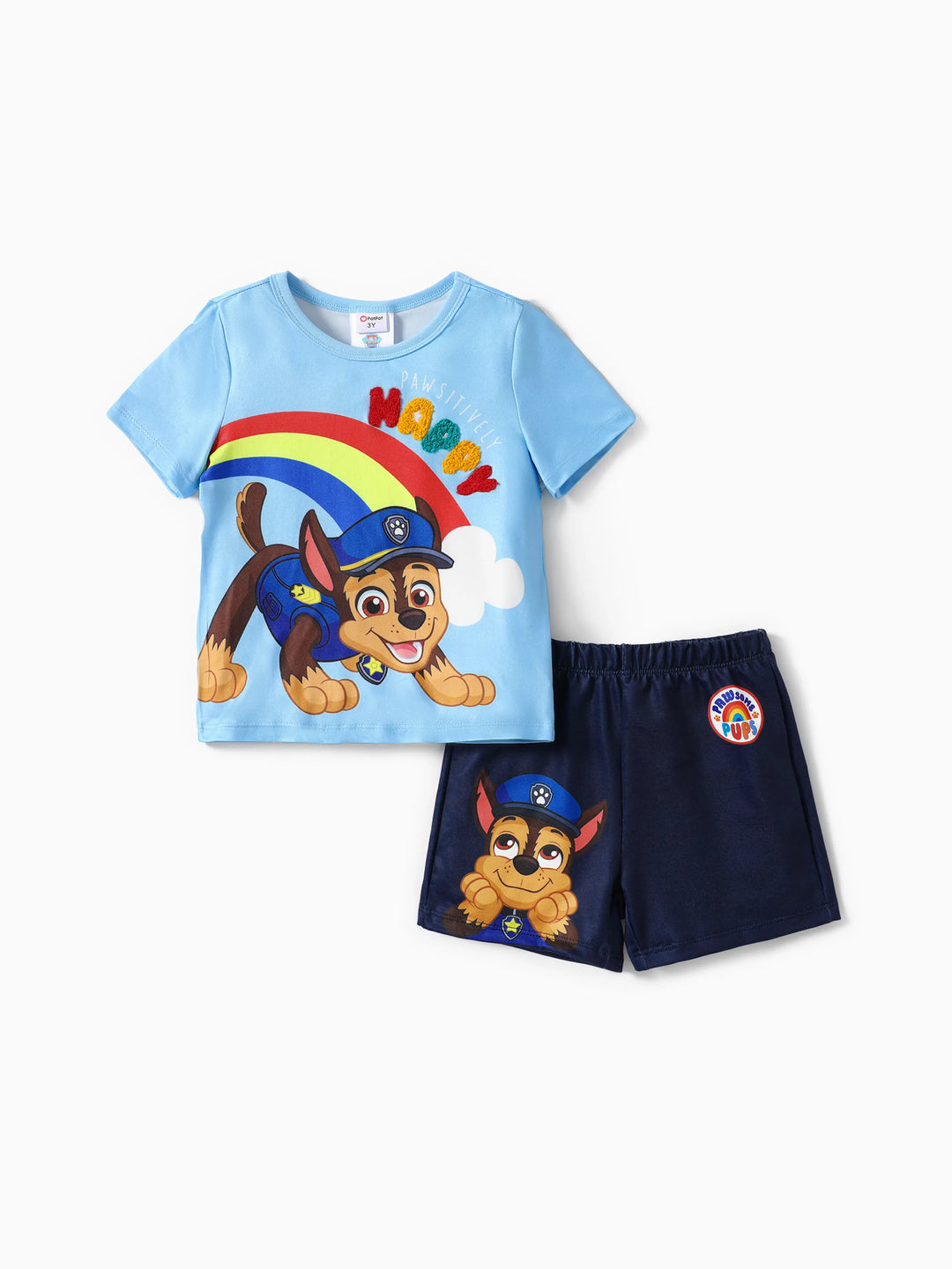 Ensemble sport 2 pièces pour garçon de la Pat' Patrouille Chase, t-shirt imprimé arc-en-ciel et short, bleu