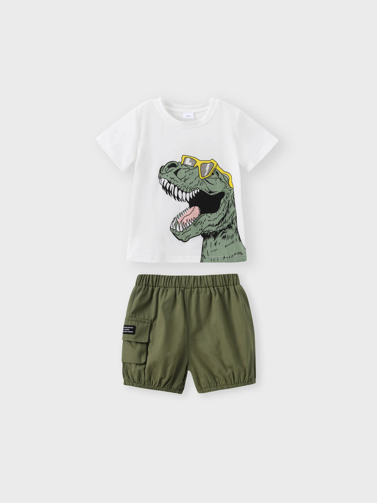 Ensemble 2 pièces pour tout-petit garçon, t-shirt et short cargo à imprimé dinosaure ludique, blanc
