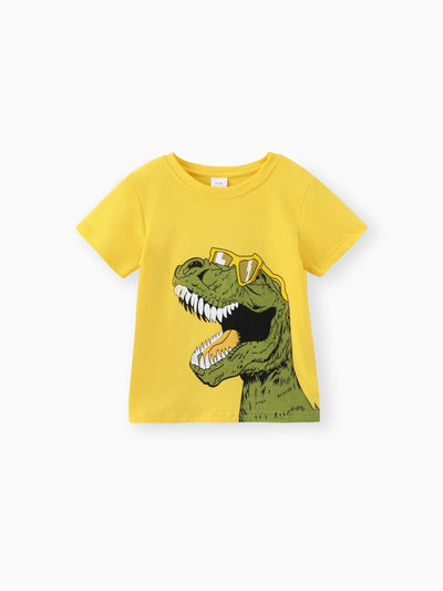 2pcs Toddler Boy Playful Dinosaur Print Tee & Cargo Shorts Set Yellow