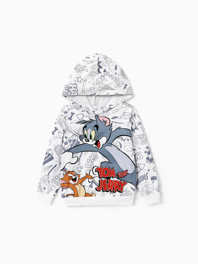 Tom and Jerry Kid Boy Character Print Hooded Sweatshirt White