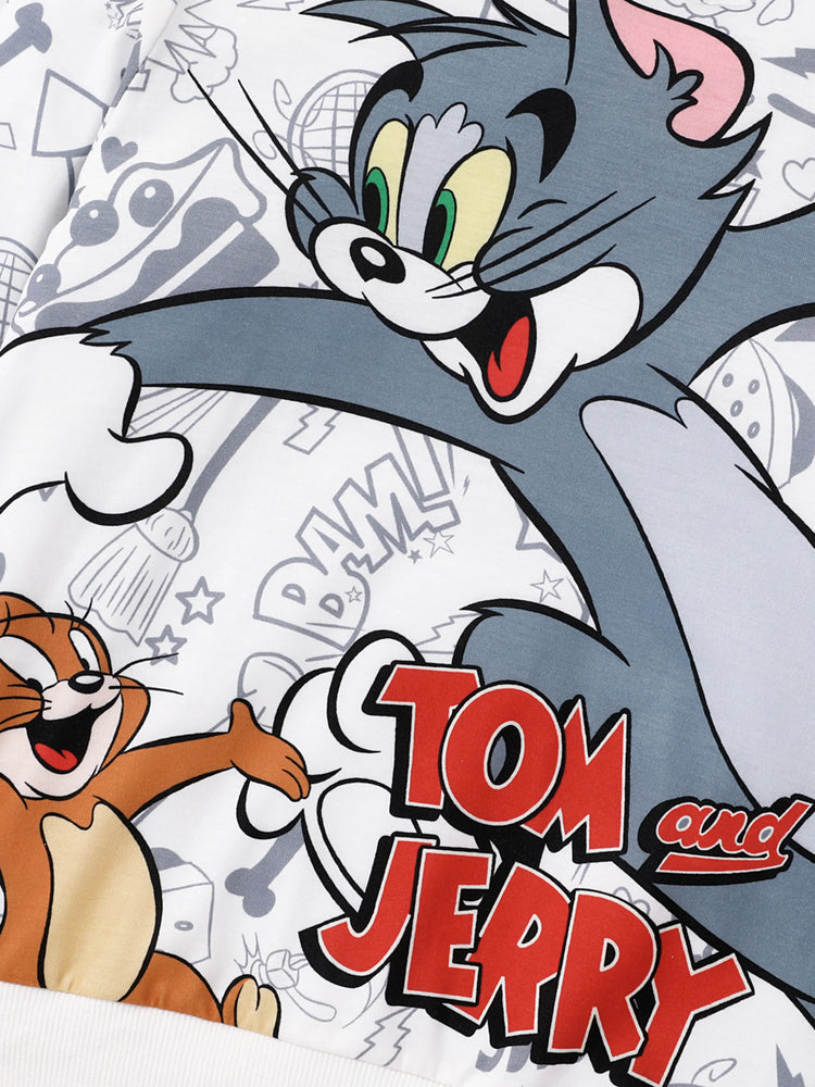 Tom and Jerry Kid Boy Character Print Hooded Sweatshirt White