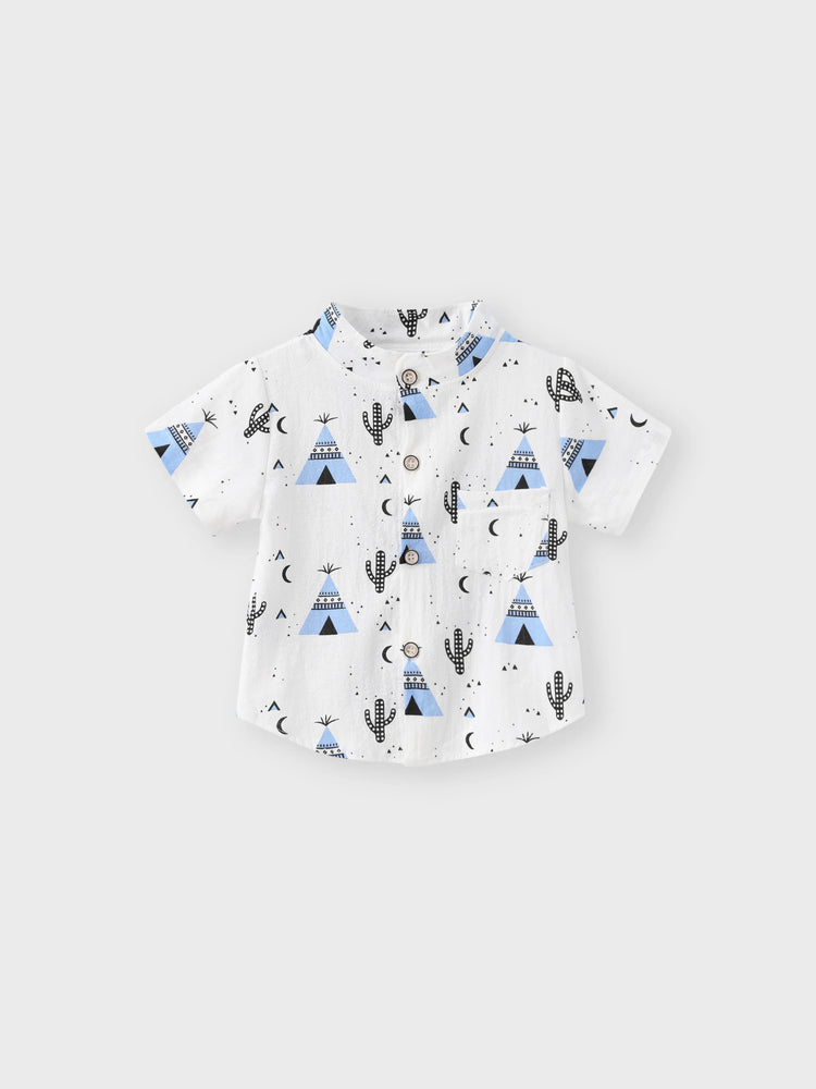 2pcs Baby Boy 95% Cotton Short-sleeve All Over Cactus Print Button Up Shirt and Solid Shorts Set Blue