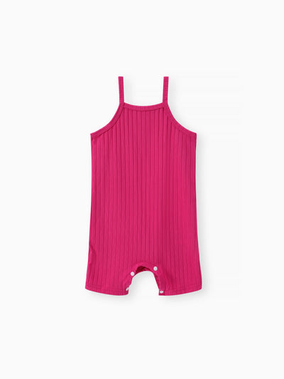Conjunto de 2 piezas de mameluco de punto acanalado liso para niña y chaleco con botones delanteros, chaqueta vaquera, rosa fuerte