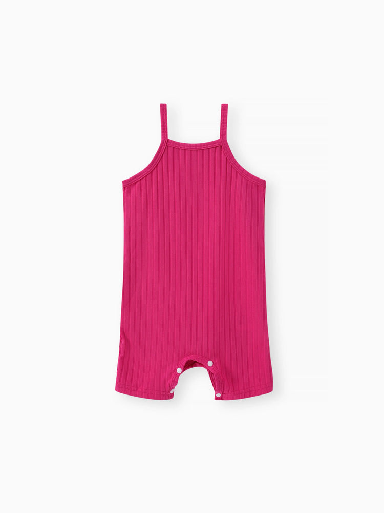 2pcs Baby Girl Solid Rib-knit Romper and Button Up Front Vest Denim Jacket Set Hot Pink