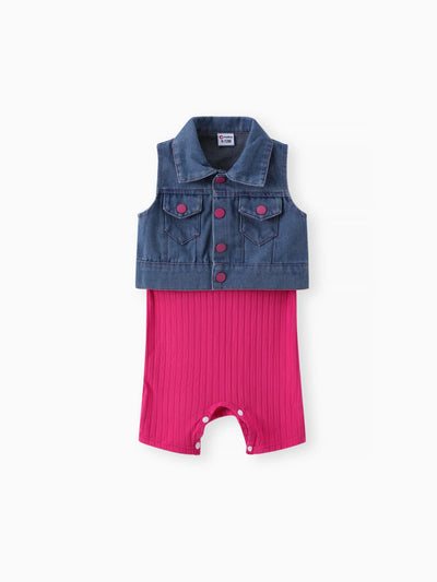 Conjunto de 2 piezas de mameluco de punto acanalado liso para niña y chaleco con botones delanteros, chaqueta vaquera, rosa fuerte