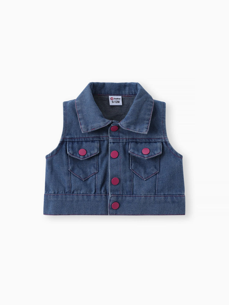 2pcs Baby Girl Solid Rib-knit Romper and Button Up Front Vest Denim Jacket Set Hot Pink